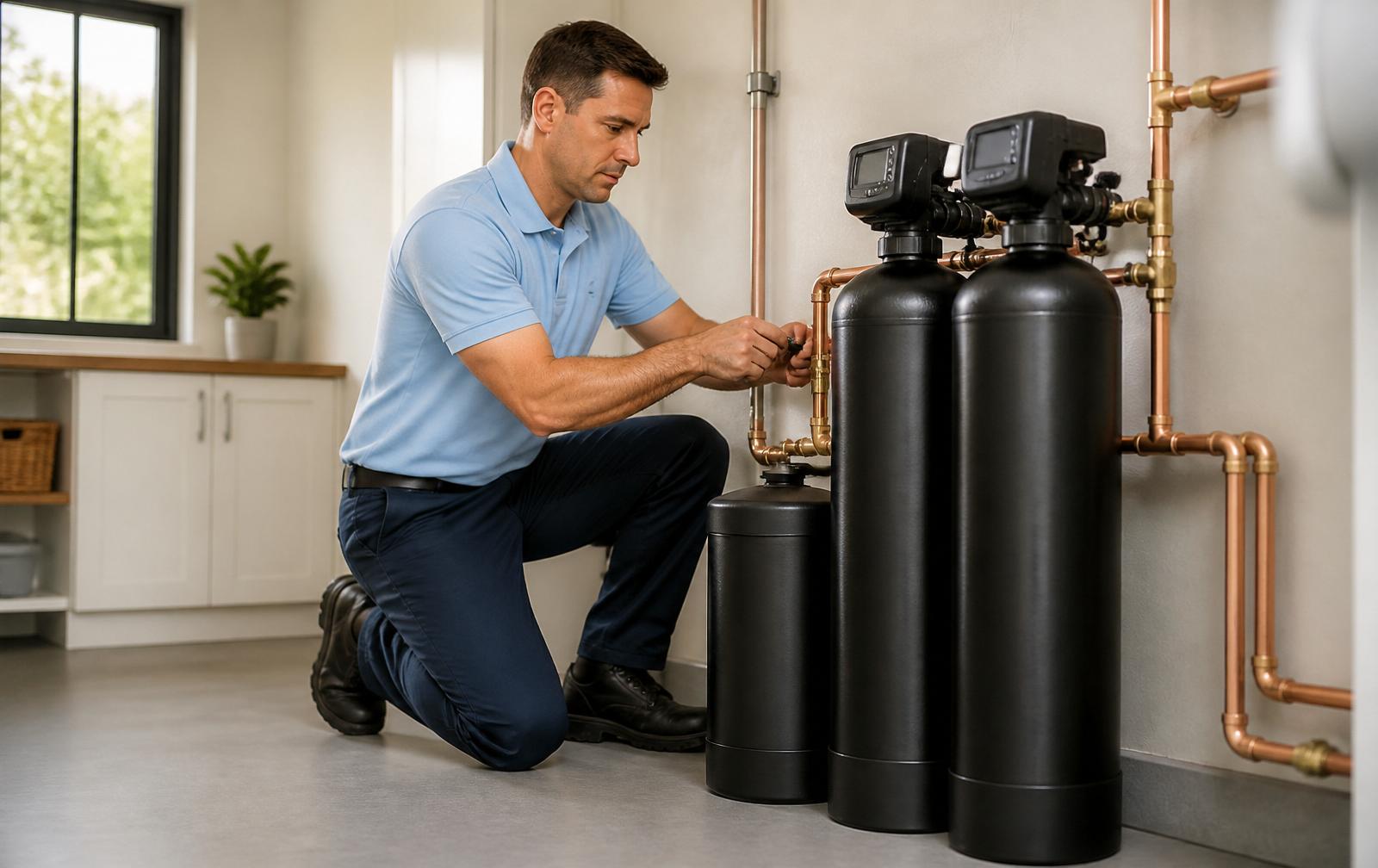 FYL technician professionally installing a whole-home water filtration system